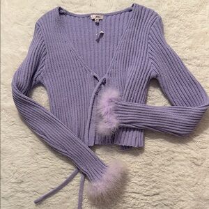 Women's Purple Ribbed Sweater with Faux Fur Cuffs